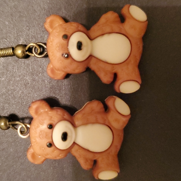 THANDMADE EARRINGS HANDCRAFTED DESIGNED TEDDY BEARS BROWN AND CREAM - Picture 2 of 3